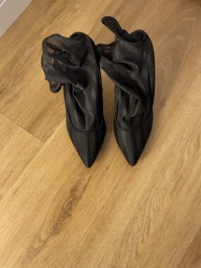Black Pointed Ballet Flats with Sheer Ankle Tie